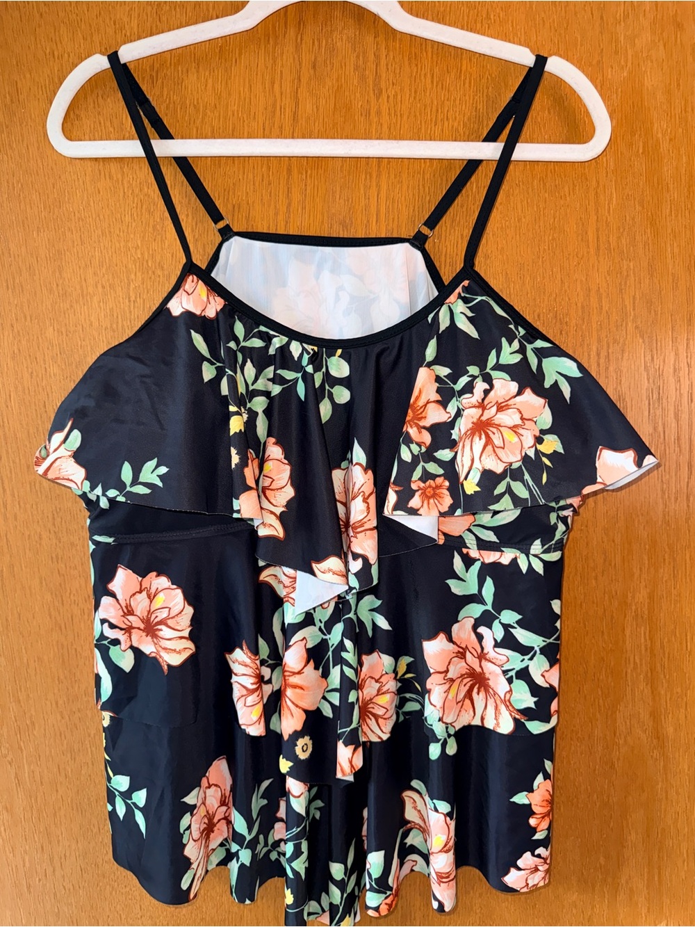 Black Floral Ruffle Swim Top with Peach Blooms